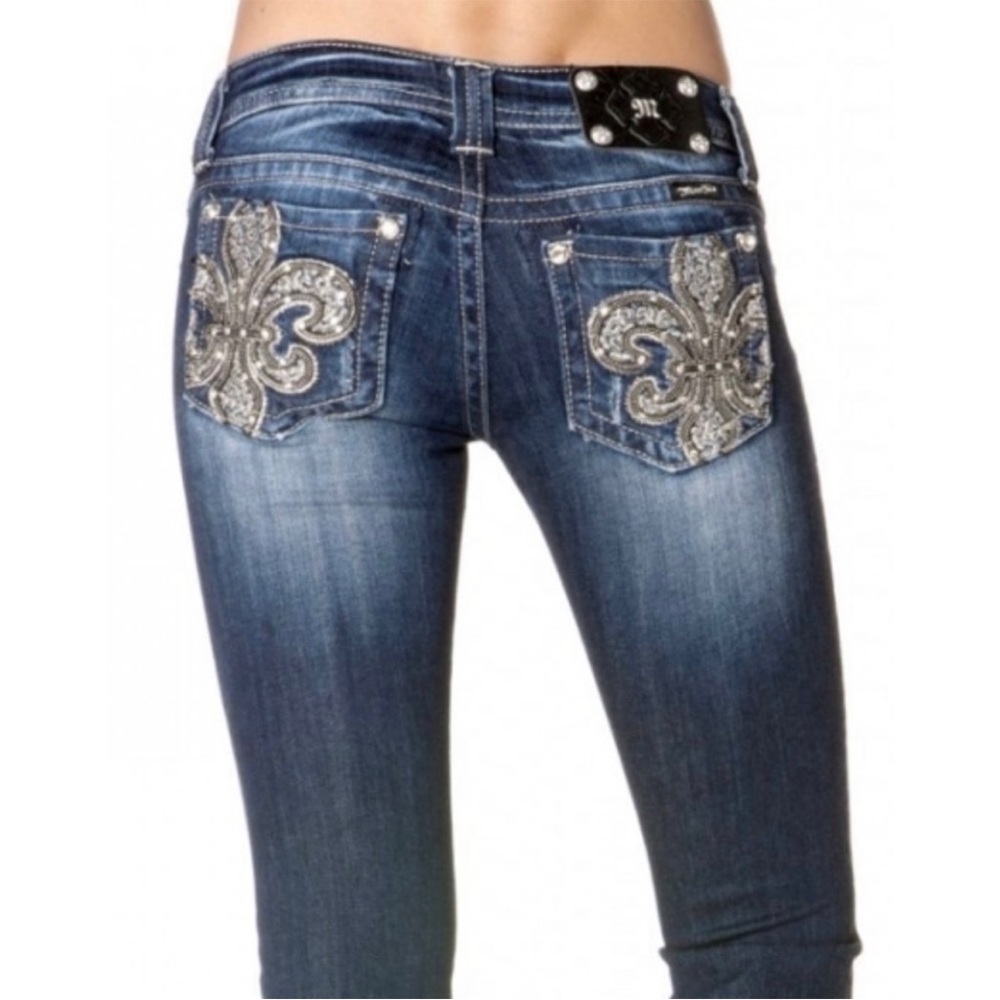 Miss Me Signature Boot Fleur De Lis Embellished Flap Pocket Jeans